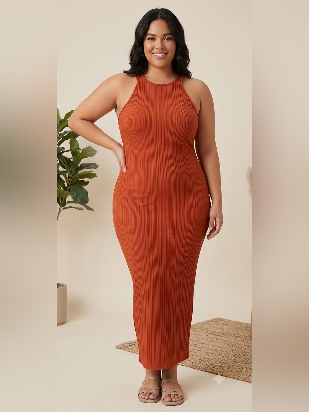 SHEIN Ribbed Knit Bodycon Maxi Dress Rust Orange XL - Picture 1 of 4